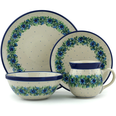 Polish Pottery 4-Piece Place Setting Blue Bell Wreath
