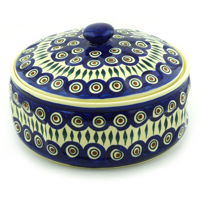 Polish Pottery Baker with Cover 10&quot; Blue Peacock