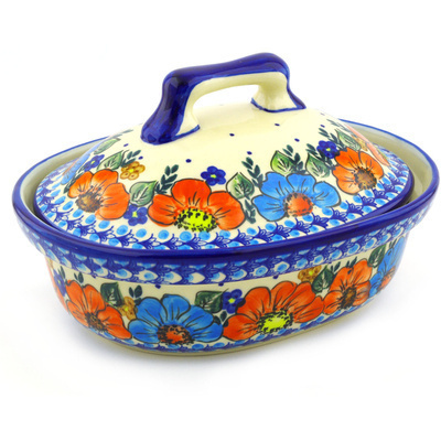 Polish Pottery Baker with Cover 10&quot; Bold Poppies