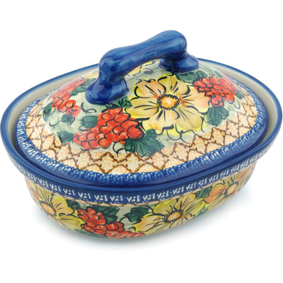 Polish Pottery Baker with Cover 10&quot; Colorful Bouquet UNIKAT
