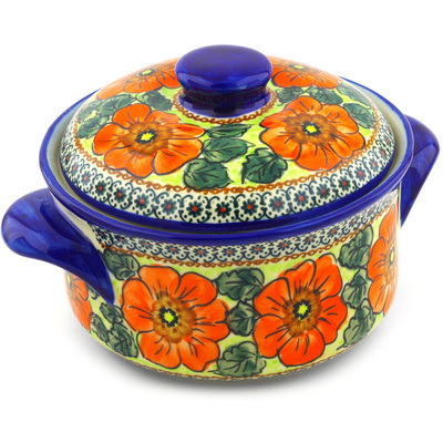 Polish Pottery Baker with Cover 10&quot; Fiery Poppies UNIKAT
