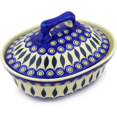 Polish Pottery Baker with Cover 10&quot; Peacock