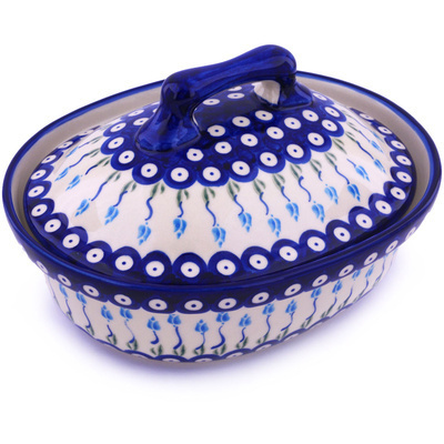 Polish Pottery Baker with Cover 10&quot; Peacock Tulip Garden