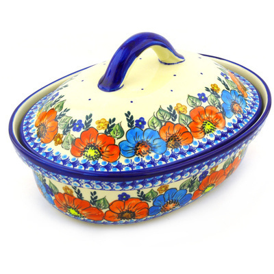 Polish Pottery Baker with Cover 13&quot; Bold Poppies UNIKAT