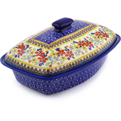 Polish Pottery Baker with Cover 13&quot; Summer Bouquet UNIKAT