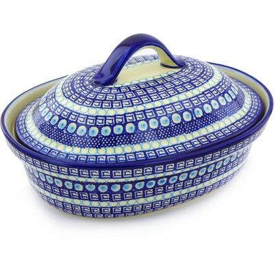 Polish Pottery Baker with Cover 13&quot; Tribal Blue