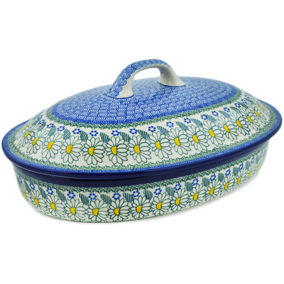 Polish Pottery Baker with Cover 14&quot; Crazy Daisy