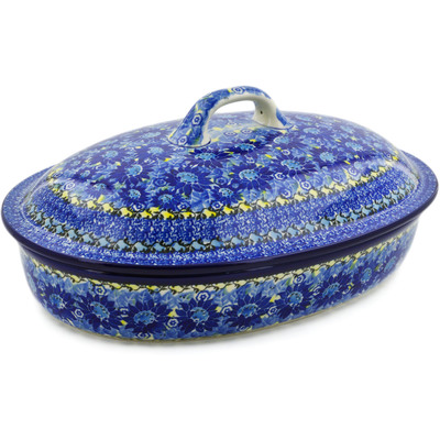 Polish Pottery Baker with Cover 14&quot; Deep Blue UNIKAT