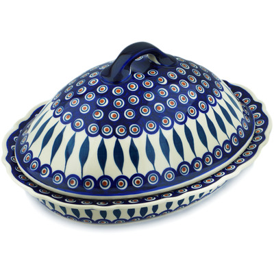 Polish Pottery Baker with Cover 16&quot; Peacock