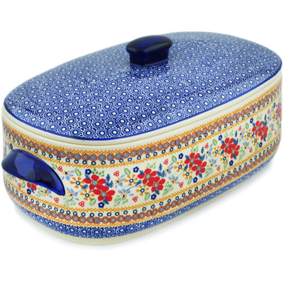 Polish Pottery Baker with Cover 18&quot; Summer Bouquet UNIKAT