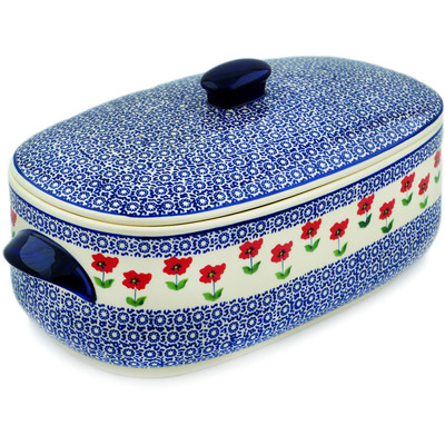 Polish Pottery Baker with Cover 18&quot; Wind-blown Poppies