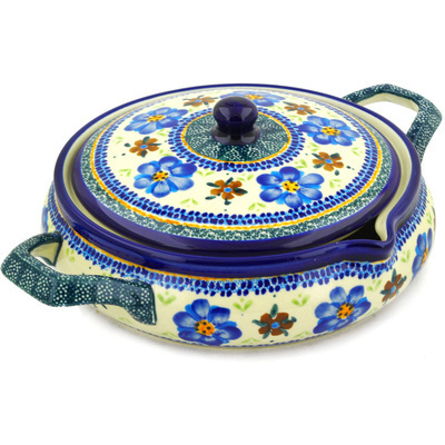 Polish Pottery Baker with Cover with Handles 11&quot; Circle The Garden UNIKAT