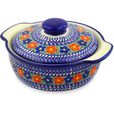Polish Pottery Baker with Cover with Handles 11&quot; Floral Burst
