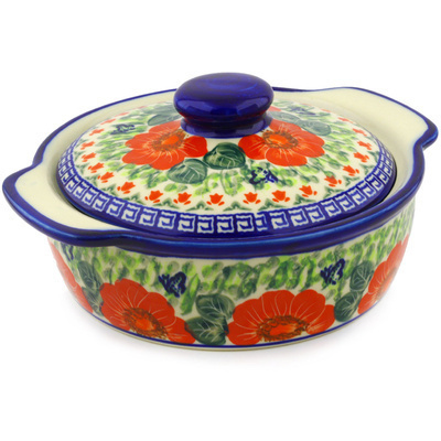 Polish Pottery Baker with Cover with Handles 11&quot; Happiness UNIKAT