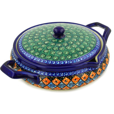 Polish Pottery Baker with Cover with Handles 11&quot; Harlequin UNIKAT