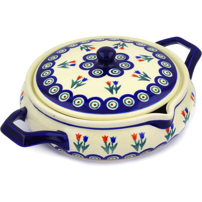 Polish Pottery Baker with Cover with Handles 11&quot; Tulip Pair Peacock