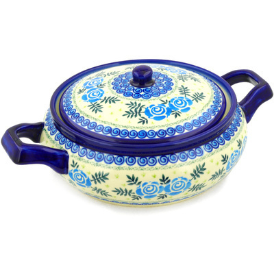Polish Pottery Baker with Cover with Handles 12&quot; Lady Blue Roses UNIKAT