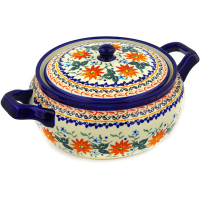 Polish Pottery Baker with Cover with Handles 12&quot; Mexican Flame UNIKAT