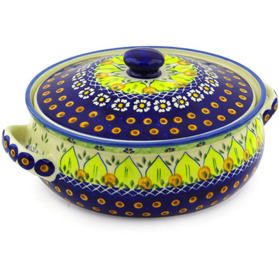 Polish Pottery Baker with Cover with Handles 13&quot; Sunflower Power UNIKAT