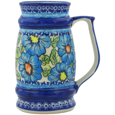 Polish Pottery Beer Mug 30 oz Bold Blue Poppies UNIKAT