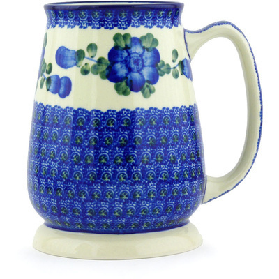 Polish Pottery Beer Mug 34 oz Blue Poppies