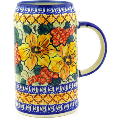 Polish Pottery Beer Mug 44 oz Colorful Bouquet UNIKAT