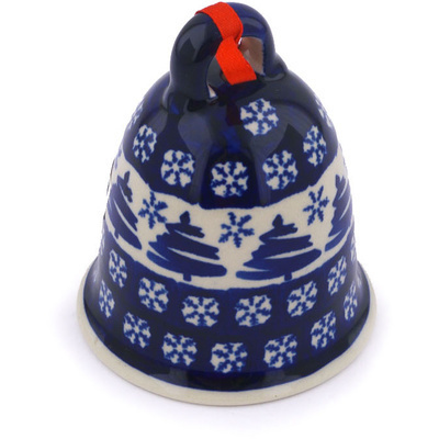 Polish Pottery Bell Ornament 4&quot; Winter Snowflake And Pine Tree