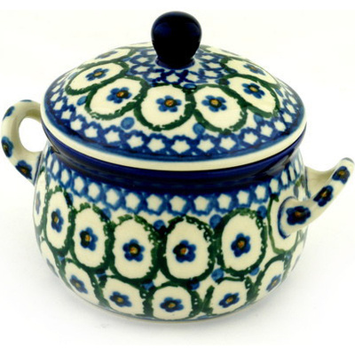 Polish Pottery Bouillon Cup with Lid 12 oz Blue Posy Peacock