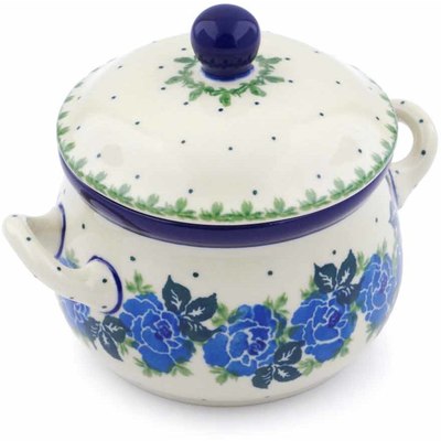 Polish Pottery Bouillon Cup with Lid 12 oz Blue Rose