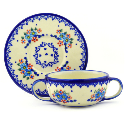 Polish Pottery Bouillon Cup with Saucer 13 oz Hearts And Flowers