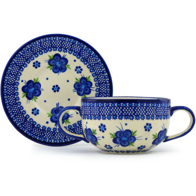 Polish Pottery Bouillon Cup with Saucer 19 oz Bleu-belle Fleur