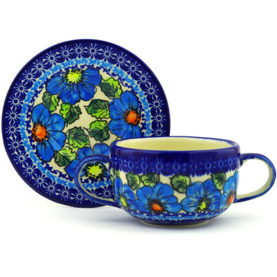 Polish Pottery Bouillon Cup with Saucer 19 oz Bold Blue Poppies UNIKAT