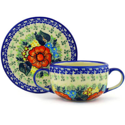Polish Pottery Bouillon Cup with Saucer 19 oz Bold Poppies UNIKAT