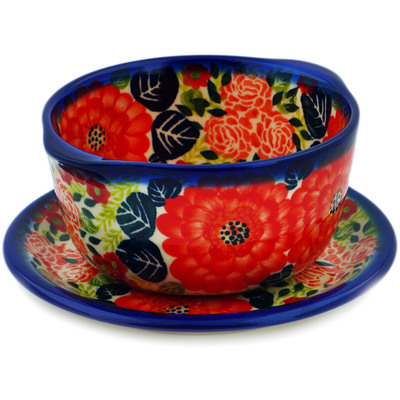 Polish Pottery Bouillon Cup with Saucer 5 oz Radiant Red Garden UNIKAT