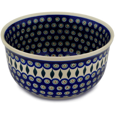 Polish Pottery Bowl 11&quot; Peacock Leaves