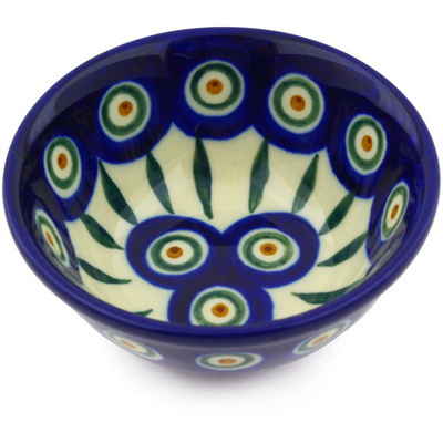 Polish Pottery Bowl 4&quot; Peacock Leaves
