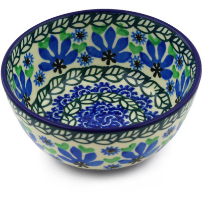 Polish Pottery Bowl 5&quot; Blue Fan Flowers