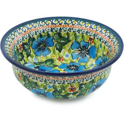 Polish Pottery Bowl 7&quot; Vibrant Blue Flowers UNIKAT