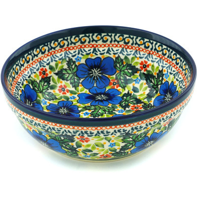 Polish Pottery Bowl 7&quot; Vibrant Blue Flowers UNIKAT