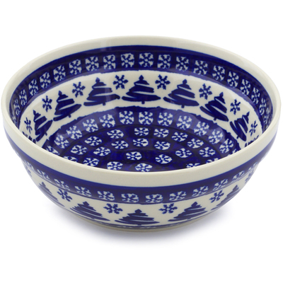 Polish Pottery Bowl 7&quot; Winter Snowflake And Pine Tree