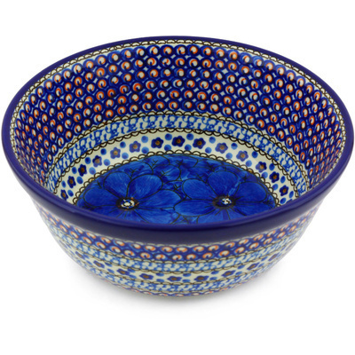 Polish Pottery Bowl 8&quot; Cobalt Poppies UNIKAT
