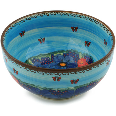 Polish Pottery Bowl 9&quot; Blue Garden UNIKAT