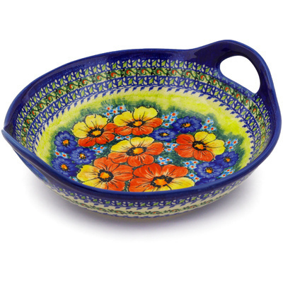 Polish Pottery Bowl with Handles 10&quot; Mystical Garden UNIKAT