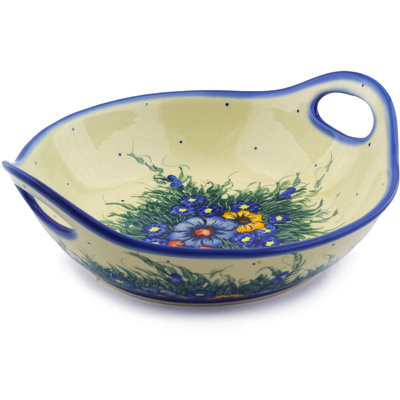 Polish Pottery Bowl with Handles 12&quot; Spring Bouquet UNIKAT