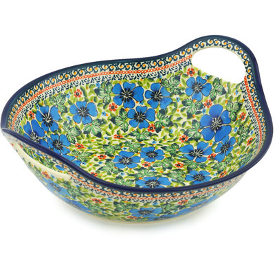 Polish Pottery Bowl with Handles 12-inch Vibrant Blue Flowers UNIKAT