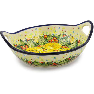 Polish Pottery Bowl with Handles 12&quot; Yellow Blooming Rose UNIKAT