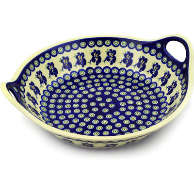 Polish Pottery Bowl with Handles 15-inch Royal Iris Peacock