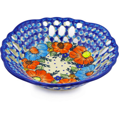 Polish Pottery Bowl with Holes 9&quot; Bold Poppies UNIKAT