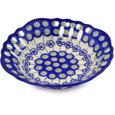 Polish Pottery Bowl with Holes 9&quot; Flowering Peacock