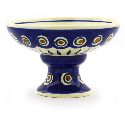 Polish Pottery Bowl with Pedestal 5&quot; Blue Peacock